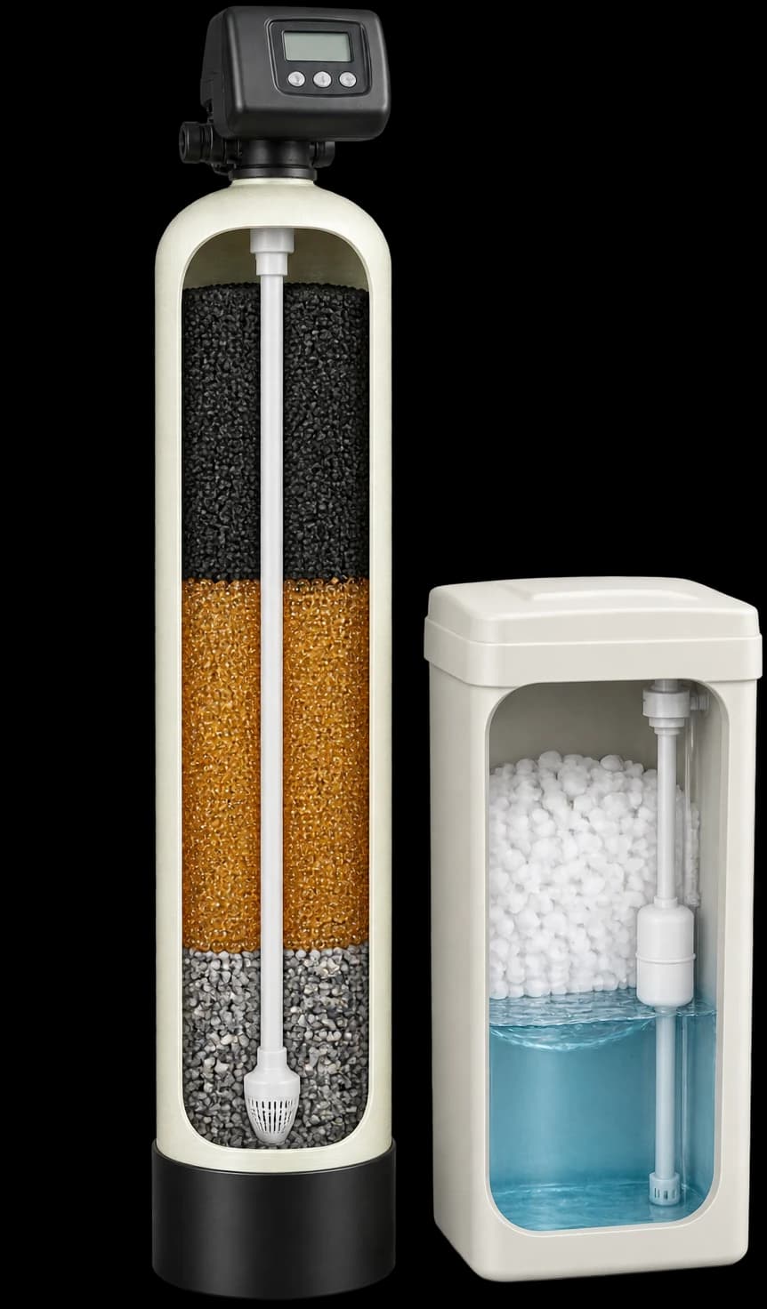 Cutaway of a Simple Water Service whole-home tank showing the metered control valve, catalytic carbon, 10% crosslink softening resin and support gravel, next to the brine tank